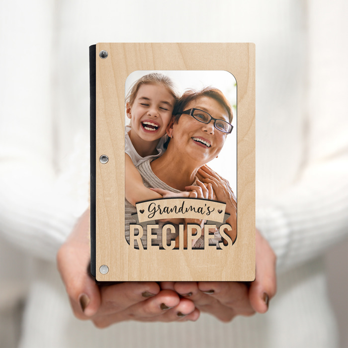 "Grandma's Recipes" Wood Recipe Book with Photo Sleeve