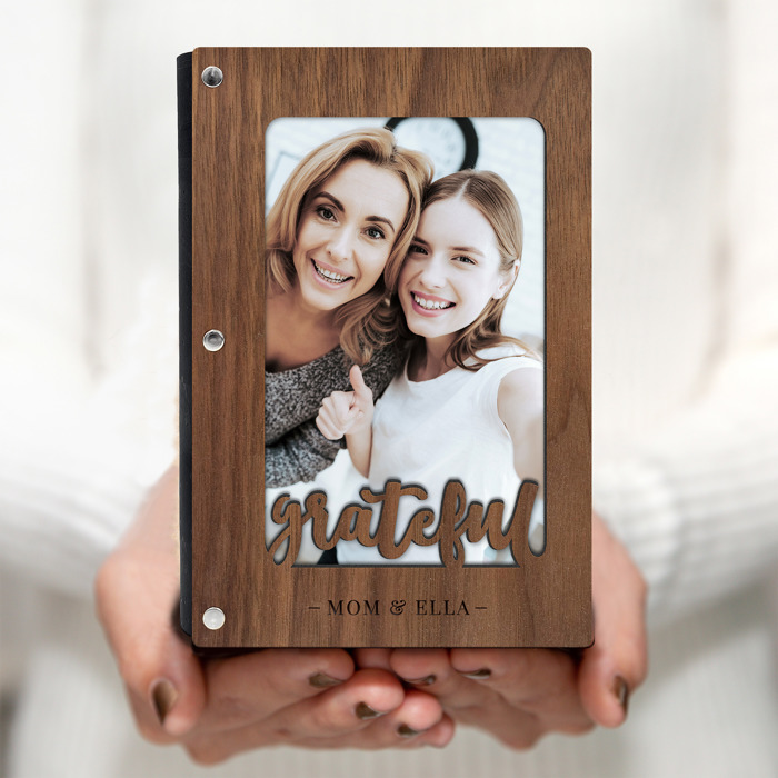Personalized "Grateful" Wood Journal with Photo Sleeve