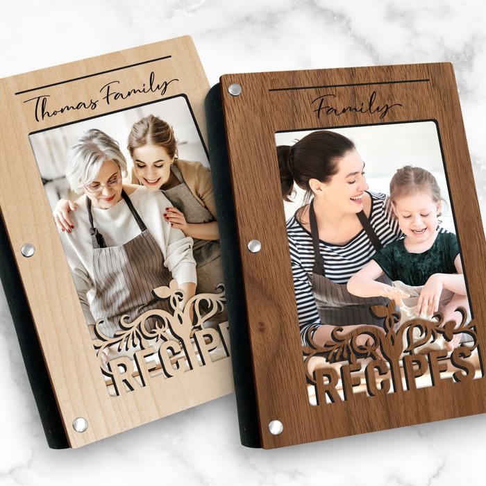 Personalized Wood Recipe Book with Photo Sleeve, Harvest Design