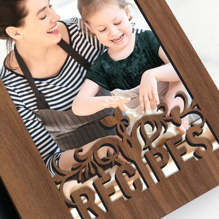 Personalized Wood Recipe Book with Photo Sleeve, Harvest Design
