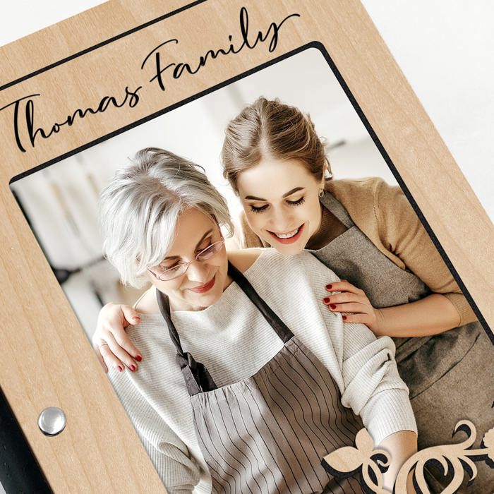 Personalized Wood Recipe Book with Photo Sleeve, Harvest Design
