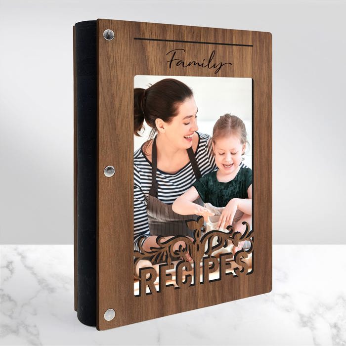 Personalized Wood Recipe Book with Photo Sleeve, Harvest Design