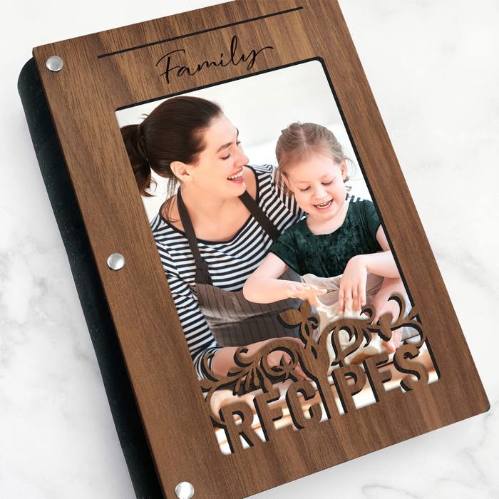 Personalized Wood Recipe Book with Photo Sleeve, Harvest Design