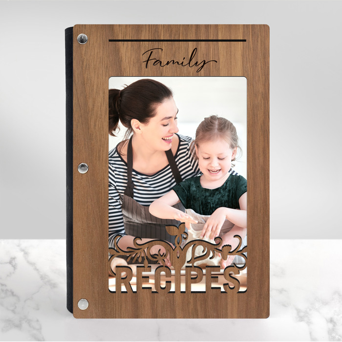Personalized Wood Recipe Book with Photo Sleeve, Harvest Design