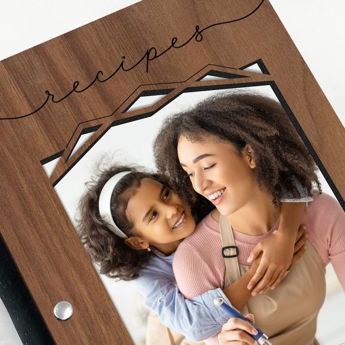 Personalized Wood Recipe Book with Photo Sleeve, Mod Design
