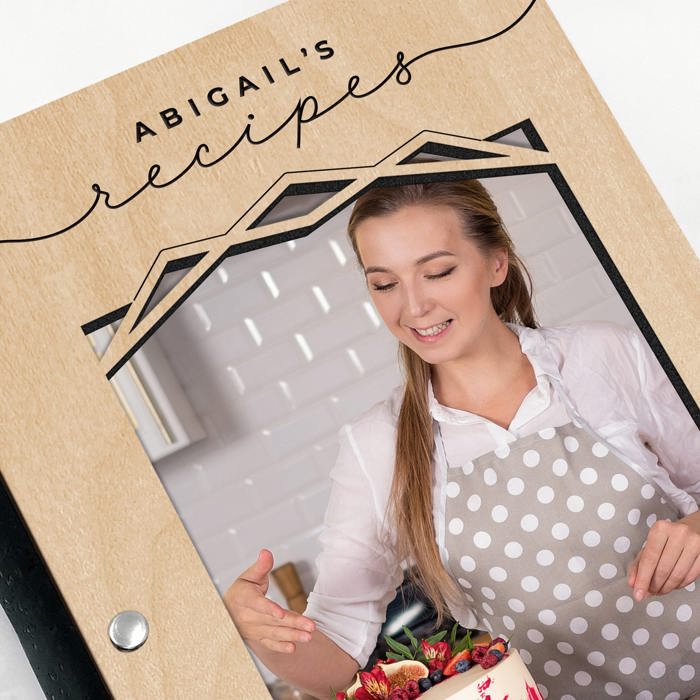 Personalized Wood Recipe Book with Photo Sleeve, Mod Design