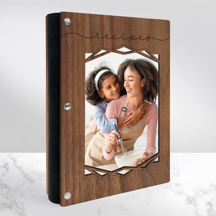 Personalized Wood Recipe Book with Photo Sleeve, Mod Design