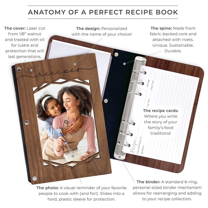 Personalized Wood Recipe Book with Photo Sleeve, Mod Design