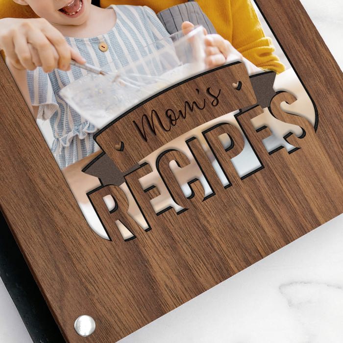 "Mom's Recipes" Wood Recipe Book with Photo Sleeve