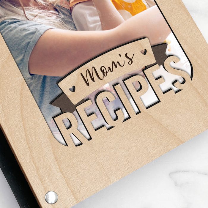 "Mom's Recipes" Wood Recipe Book with Photo Sleeve