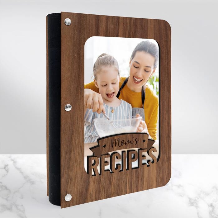 "Mom's Recipes" Wood Recipe Book with Photo Sleeve