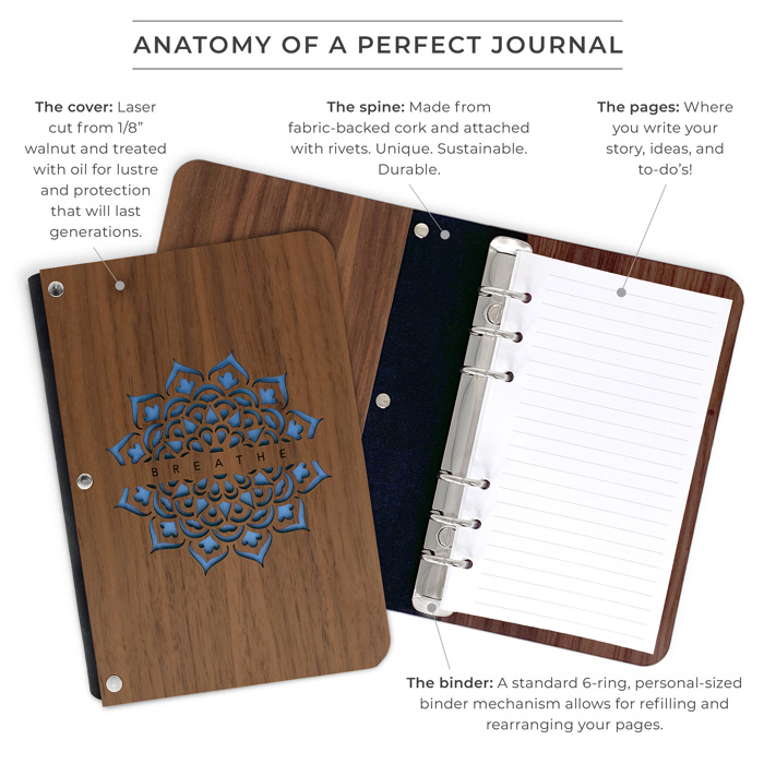 Personalized Wood Journal with Photo Sleeve - Mandala Design