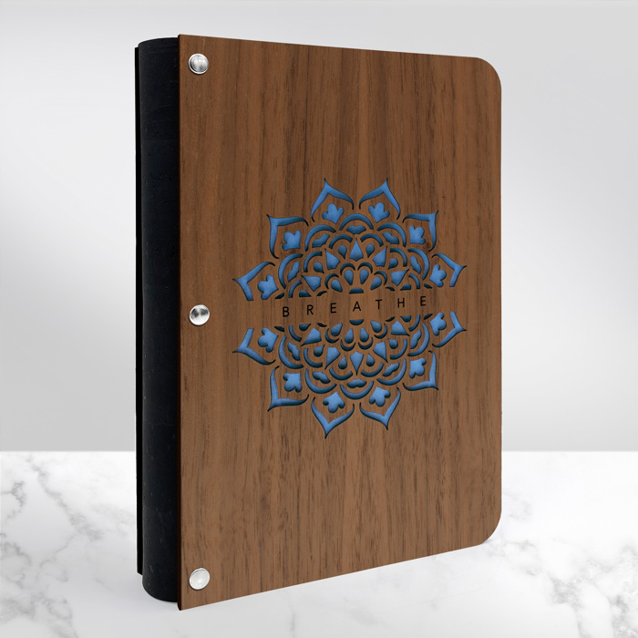 Personalized Wood Journal with Photo Sleeve - Mandala Design