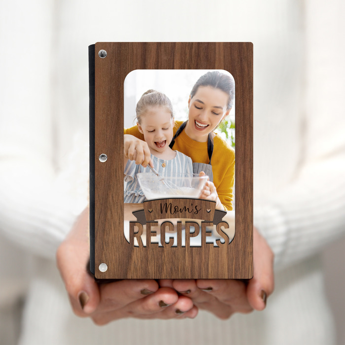 "Mom's Recipes" Wood Recipe Book with Photo Sleeve