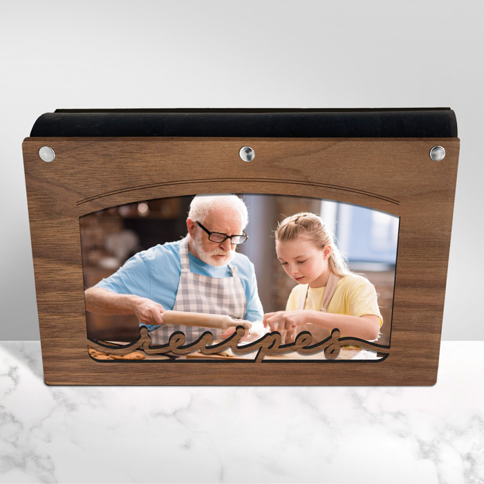Personalized Wood Recipe Book with Photo Sleeve, Arc Design