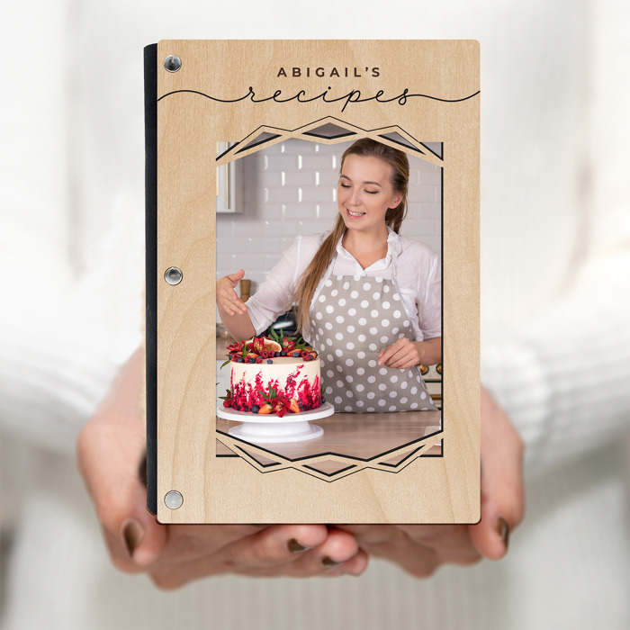 Personalized Wood Recipe Book with Photo Sleeve, Mod Design