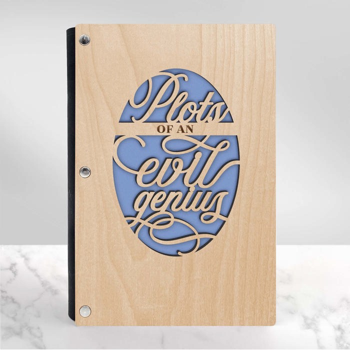 Personalized Wood Journal - "Plots of an Evil Genius"