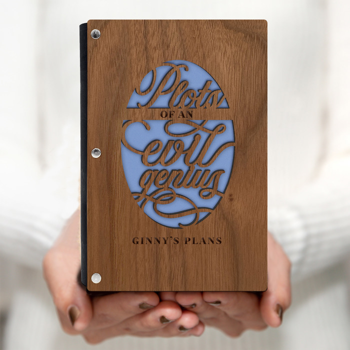 Personalized Wood Journal - "Plots of an Evil Genius"