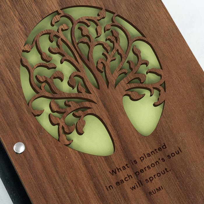 Personalized Wood Journal with Photo Sleeve - Tree of Life Design