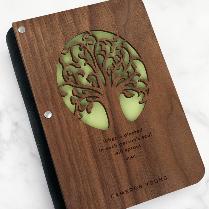 Personalized Wood Journal with Photo Sleeve - Tree of Life Design