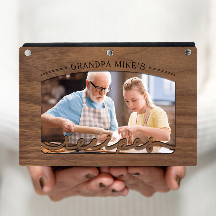 Personalized Wood Recipe Book with Photo Sleeve, Arc Design