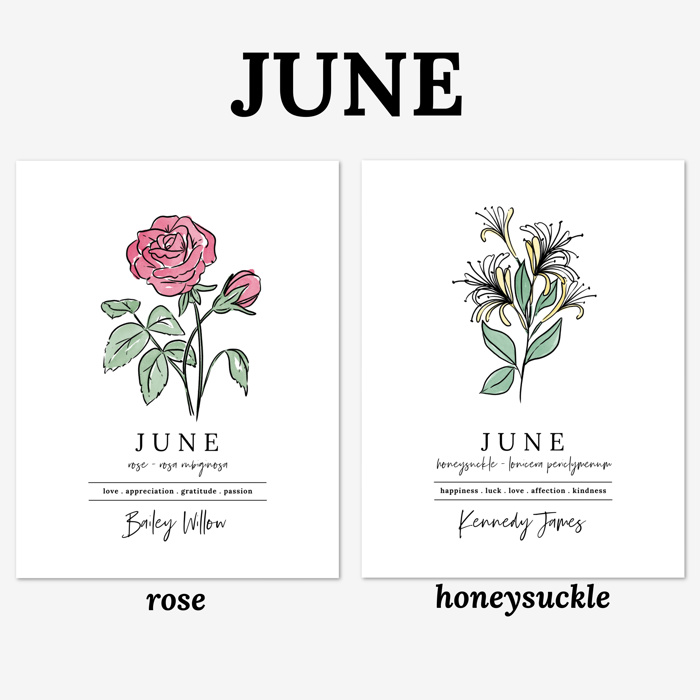 Personalized Name Birth Flower Print | Hand Illustrated