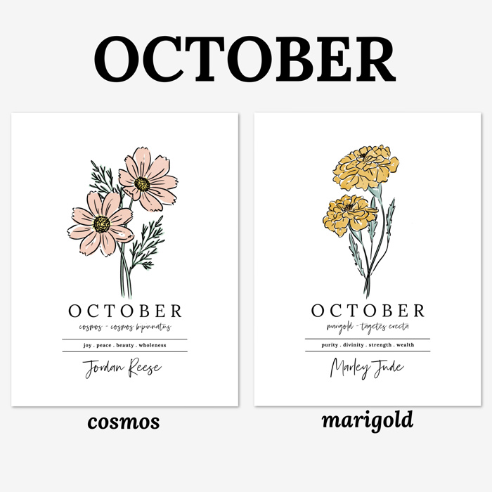 Personalized Name Birth Flower Print | Hand Illustrated