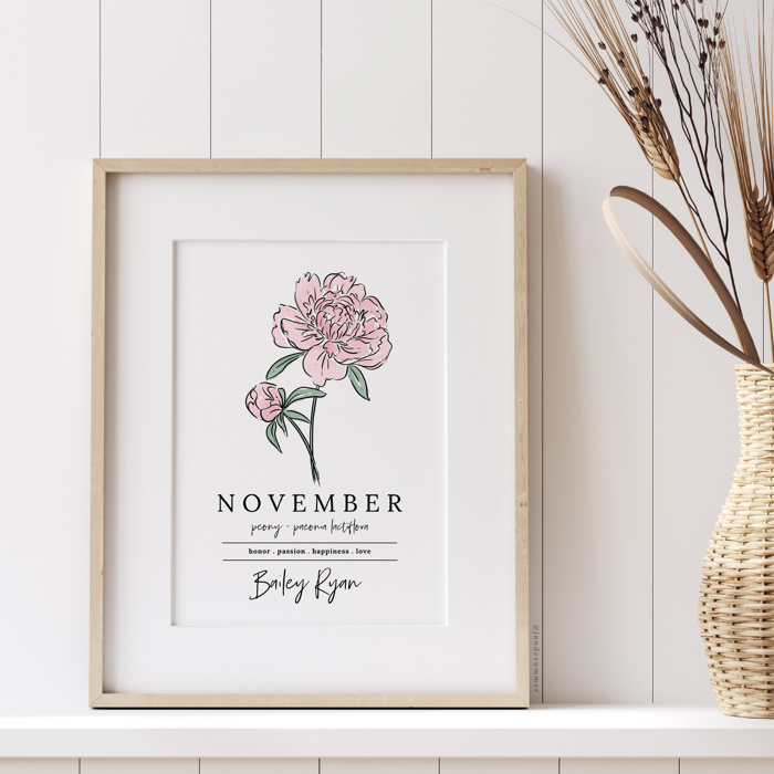 Personalized Name Birth Flower Print | Hand Illustrated
