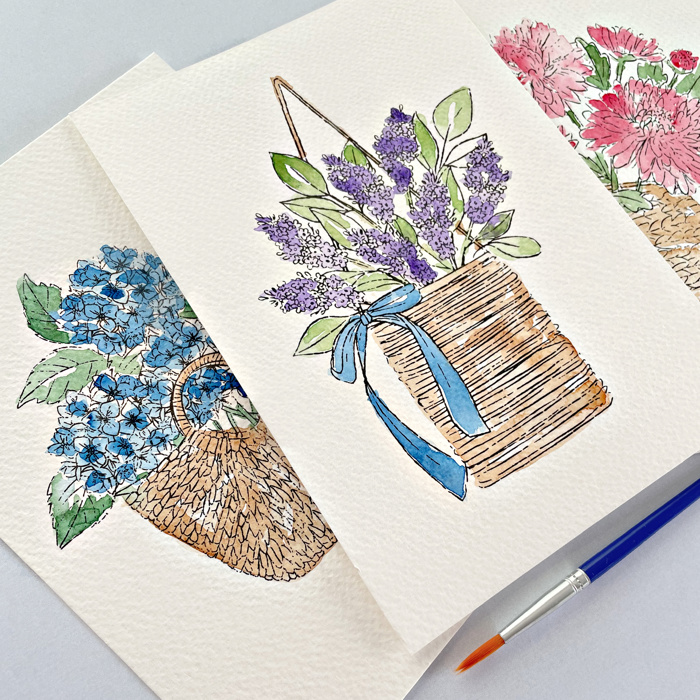 Paintable Cards + Envelopes | 3 Pre-Sketched 5X7" Basket of Flowers | All In One Paint Kit