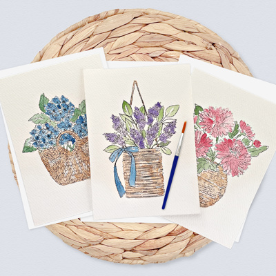 Paintable Cards + Envelopes | 3 Pre-Sketched 5X7" Basket of Flowers | All In One Paint Kit