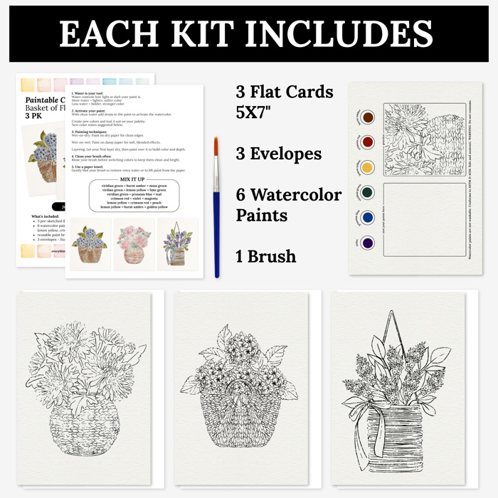 Paintable Cards + Envelopes | 3 Pre-Sketched 5X7" Basket of Flowers | All In One Paint Kit