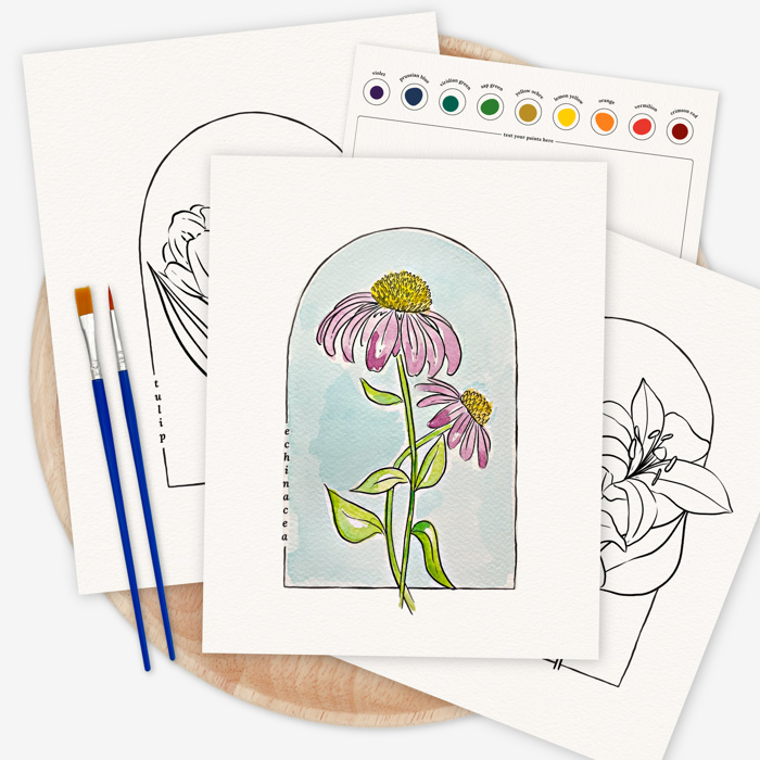 3 Pk All In One Watercolor Paint Kit | 8X10" Floral Outline 45 Options