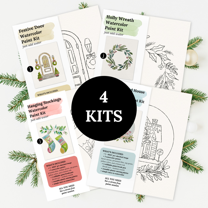 You Pick Winter Holiday Watercolor Kits 11 Options | Pre-Sketched Christmas Art Sets