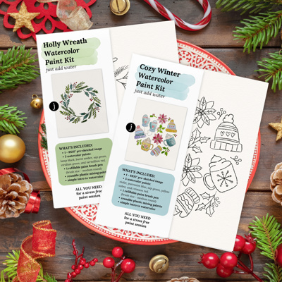 Christmas Watercolor Kit | Pre-Sketched Holiday Art Set for Paint Night