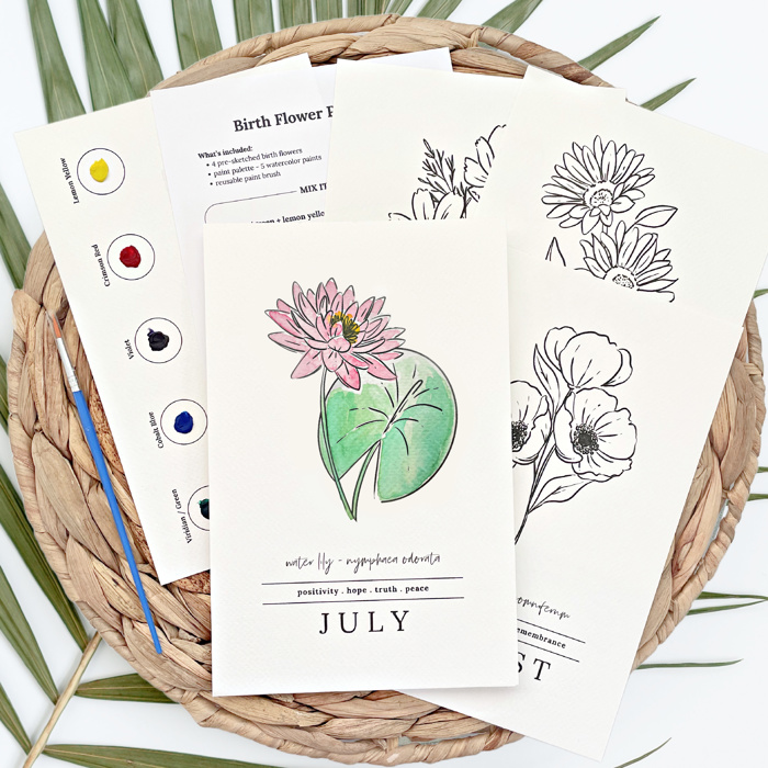 4 Pc Birth Flower Watercolor Paint Kit | Floral Sketches, Brush & Palette | 27 Options