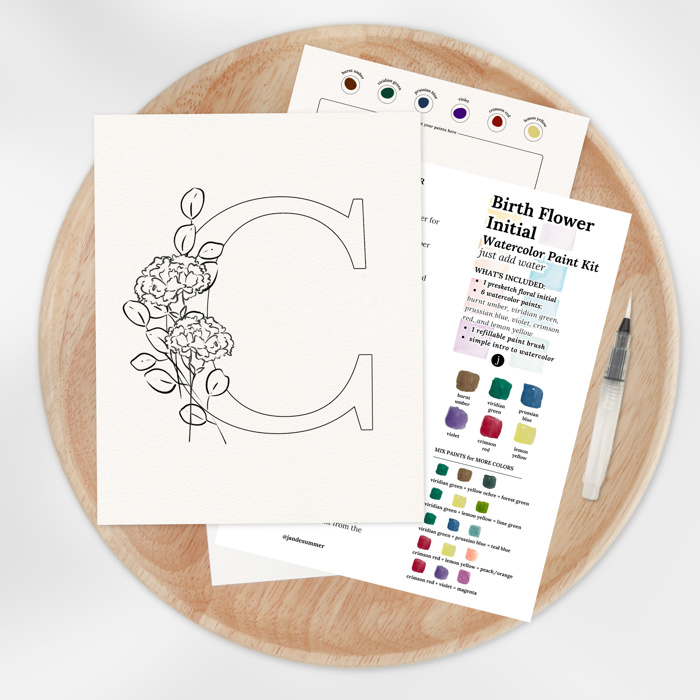 Custom Birth Flower Initial Watercolor Paint Kit | All In One Art Set