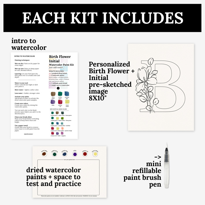 Custom Birth Flower Initial Watercolor Paint Kit | All In One Art Set