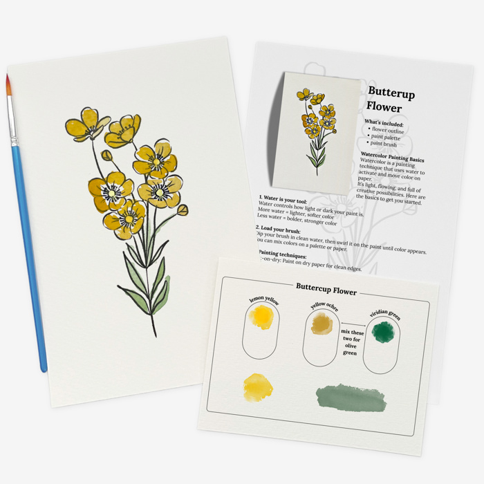 Set of 4 Watercolor Paint Kits | Floral Sketches, Brushes & Palettes | 12 Flower Options