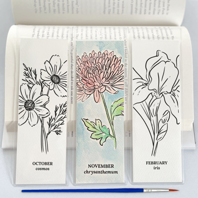 3 PK Birth Flower Bookmark Watercolor Paint Kit | Floral Outline, Brush, Palette with Vinyl Sleeves