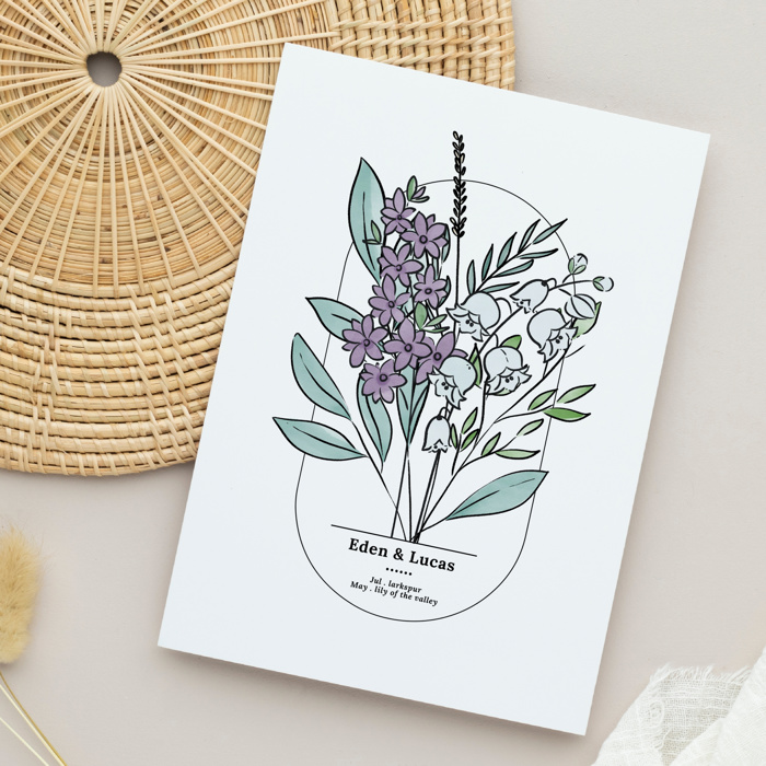 Couples Birth Flower Bouquet Art Print | Personalized Wedding Gift