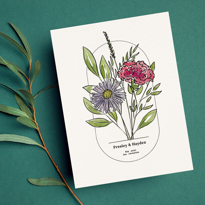 Hand Painted Couples Birth Flower Bouquet | Personalized Watercolor Wedding Gift