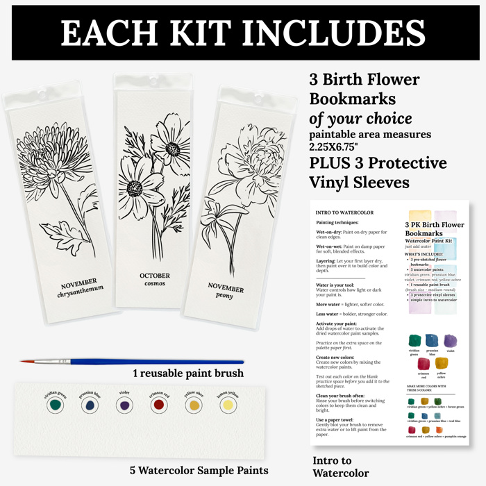 3 PK Birth Flower Bookmark Watercolor Paint Kit | Floral Outline, Brush, Palette with Vinyl Sleeves