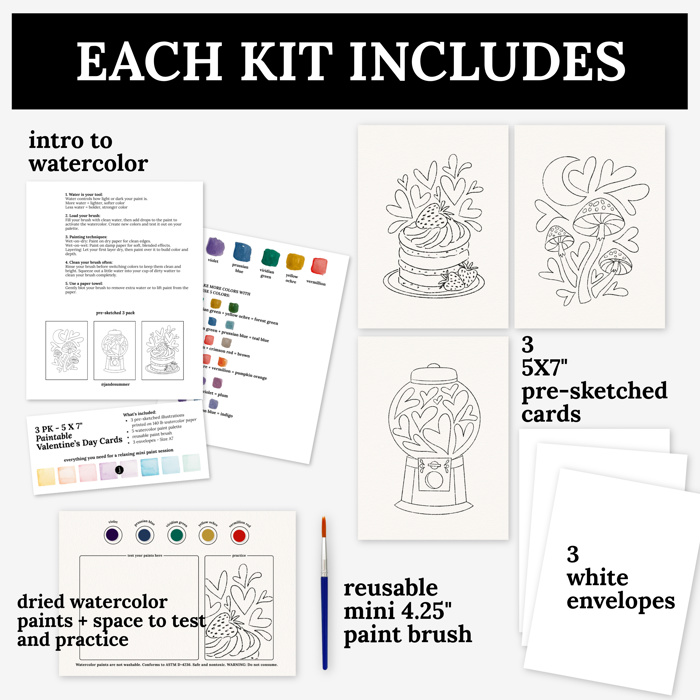 3 PK Paintable 5X7" Cards + Envelopes | Sweet Watercolor Paint Kit
