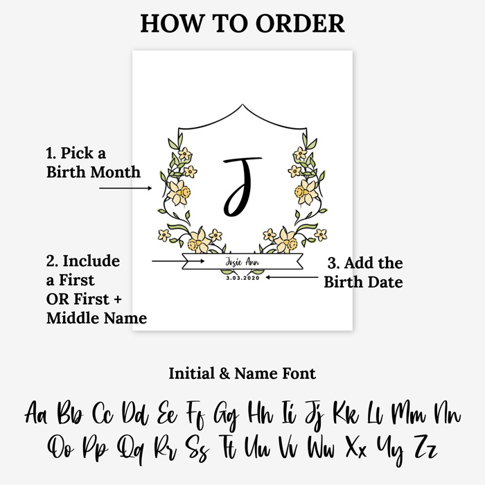 Birth Flower Initial Crest Print | Custom Name Monogram Art 