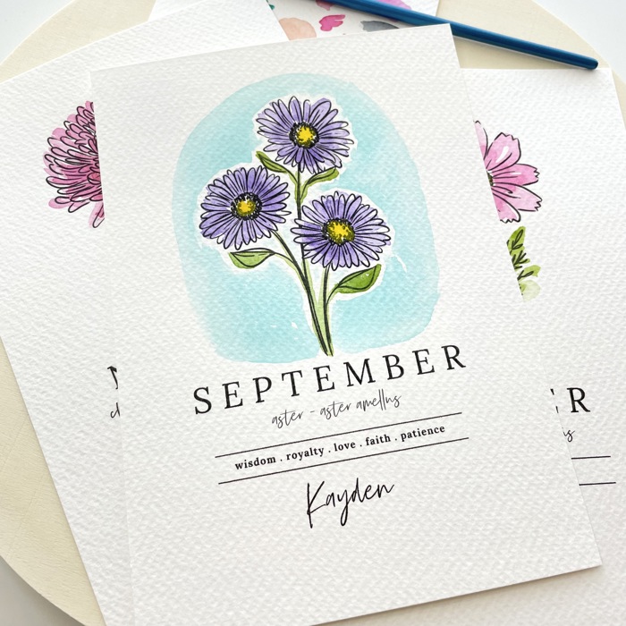 Hand Painted Birth Flower Personalized Name | Watercolor Floral Art