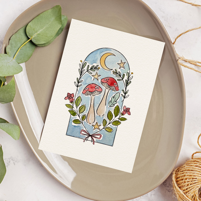 Mushroom Watercolor Paint Kit | 3 Mushroom Sketches, Brush & Palette