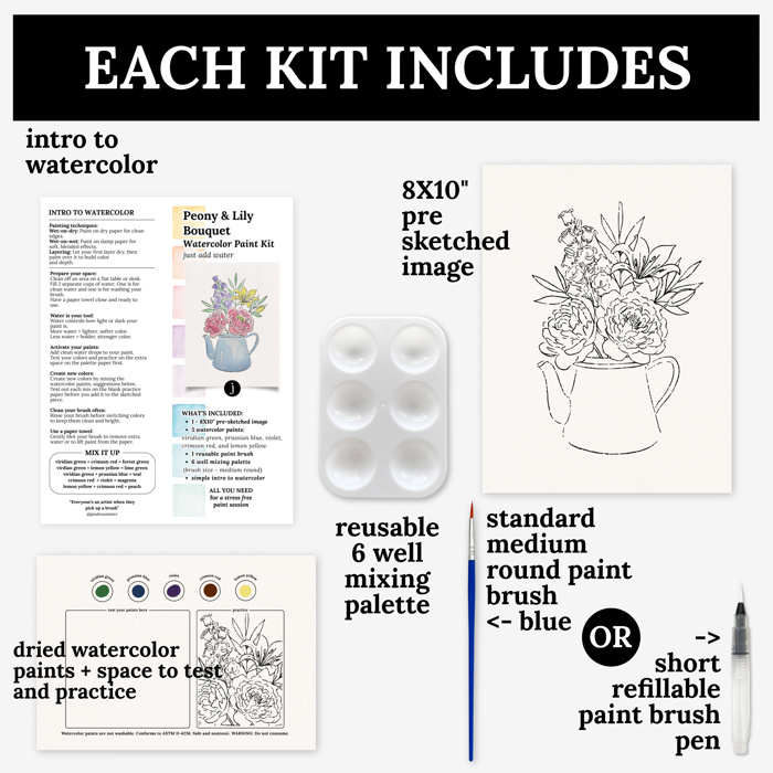 Peony & Lily Bouquet Watercolor Paint Kit | All In One Art Set for Paint Night