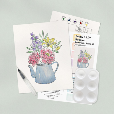 Peony & Lily Bouquet Watercolor Paint Kit | All In One Art Set for Paint Night