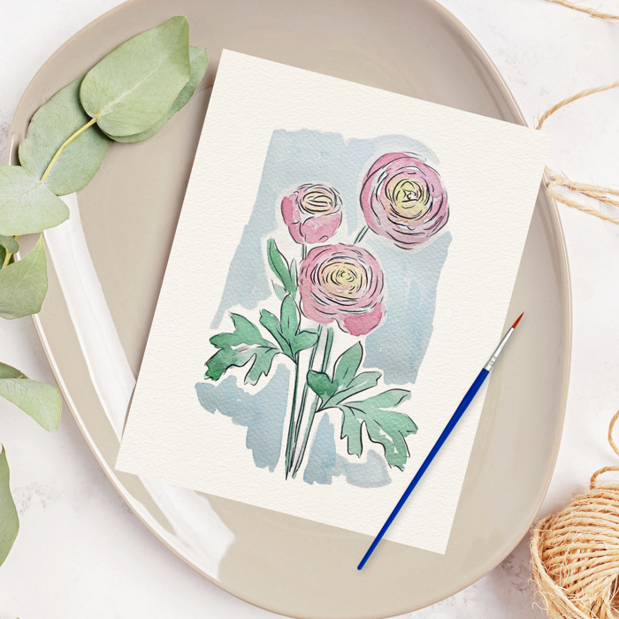 Ranunculus Watercolor Paint Kit | Just Add Water Pre-Sketched Art Set Gift
