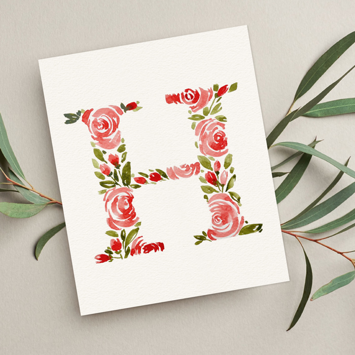 Hand Painted Initial | Rose Floral Monogram Letter | Original Painting